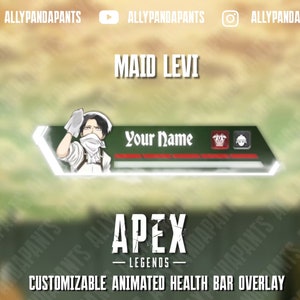May include: A green and white animated health bar overlay for Apex Legends featuring a maid-themed Levi Ackerman character from the anime Attack on Titan. The overlay includes a customizable name field and a health bar with a green background and white outline.