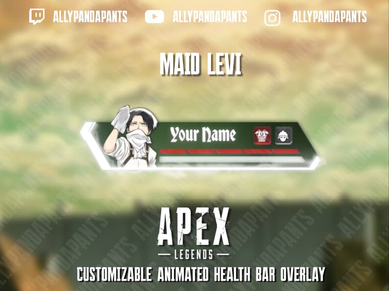 May include: A green and white animated health bar overlay for Apex Legends featuring a maid-themed Levi Ackerman character from the anime Attack on Titan. The overlay includes a customizable name field and a health bar with a green background and white outline.