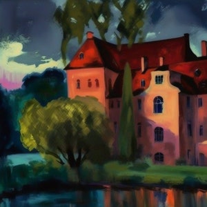 House by Lake Painting Collection | Multiple artist rendition  Digital Art PRINTABLE