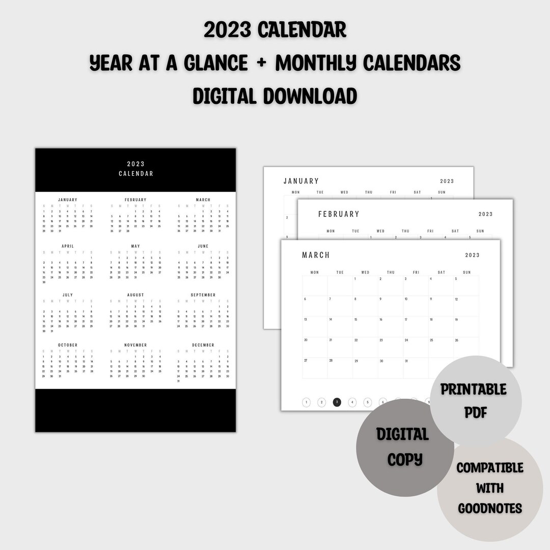 2023 Year at a Glance Calendar 2023 Monthly Calendar Etsy