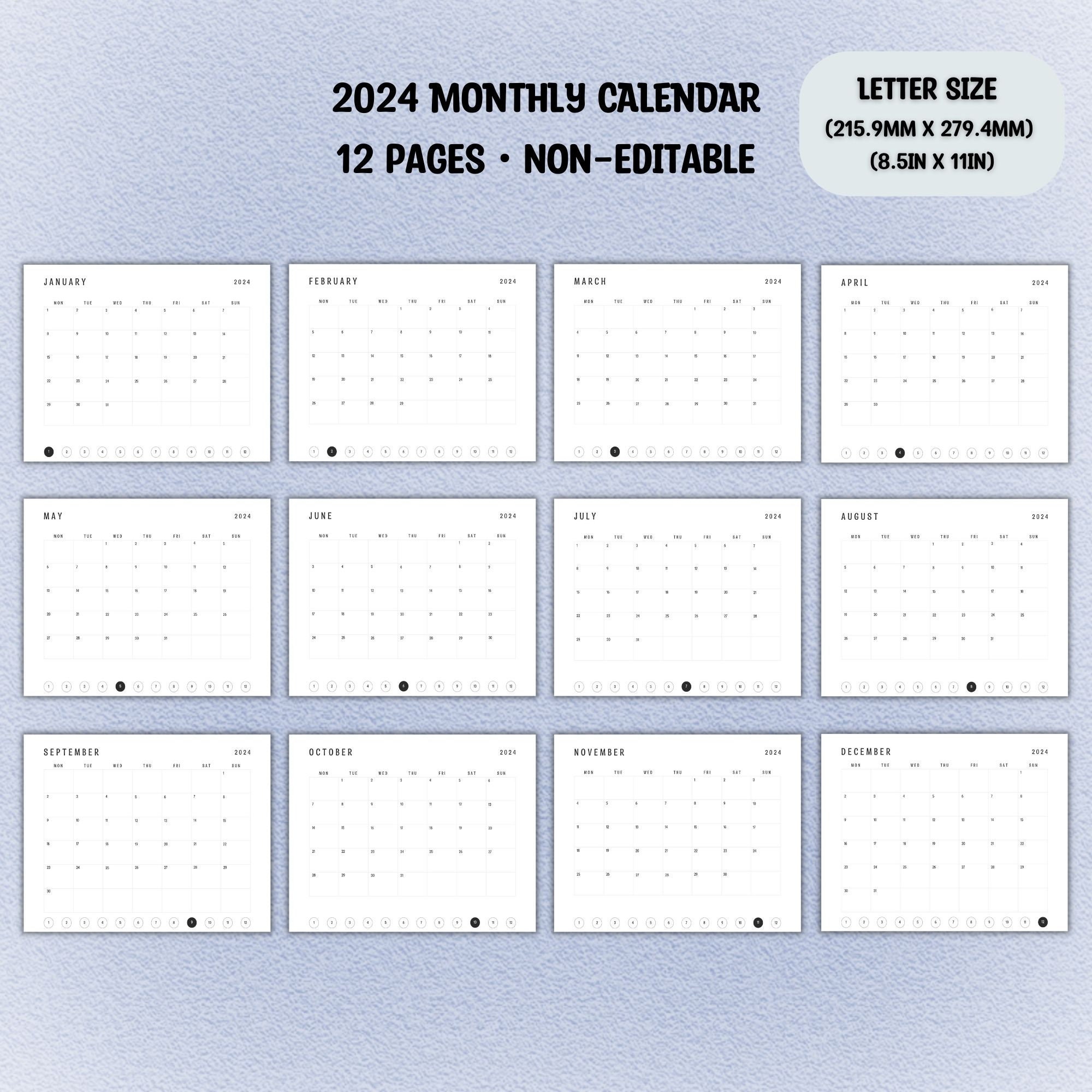 2024 Year at a Glance Calendar 2024 Monthly Calendar Digital Planner