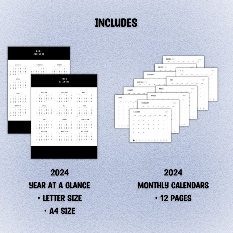 2024 Year at a Glance Calendar 2024 Monthly Calendar Digital Planner