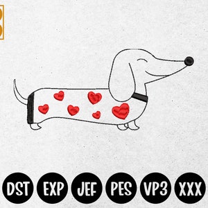 Mini Herz Dackel Stickerei, Valentinstag Hund Pes, Herz rote Liebe Hundestickerei, einzigartiges Design Maschinenstickerei EMB0039