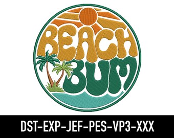Beach Bum Embroidery Design: Retro Summer Sun, Palm Tree (Machine File)