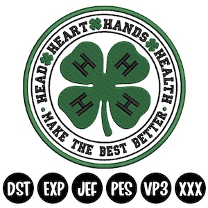 Puede incluir: Un trébol de cuatro hojas verde con las letras "H" en cada hoja. El trébol está rodeado por un círculo blanco con el texto "HEAD HEART HANDS HEALTH MAKE THE BEST BETTER" en negro.