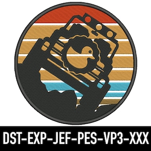 May include: A black and white silhouette of a jeep with a yellow rubber ducky on the back window, set against a retro-style sunset background with orange, brown, and blue stripes.