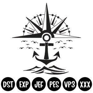 May include: Black and white illustration of a compass with an anchor and birds flying above. The compass is pointing north. The anchor is in the water. The birds are flying in a V formation.