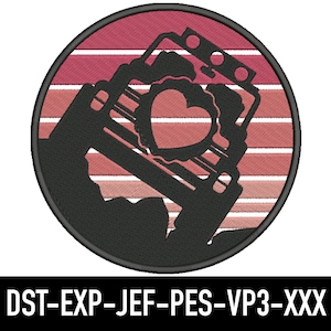 May include: A black silhouette of a vehicle with a heart in the windscreen, set against a pink and white striped background. The image is circular and has a black outline.