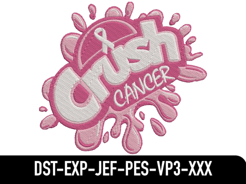 K&ouml;nnte beinhalten: Rosa gestickter Patch mit einem wei&szlig;en Umriss des Wortes "CRUSH" und dem Wort "CANCER" darunter. Ein rosa Band befindet sich in der oberen linken Ecke des Patches.