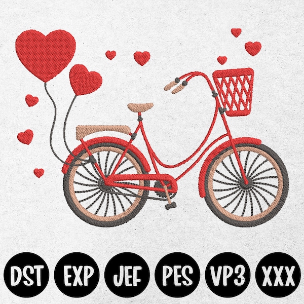 Valentine's Day Bicycle Embroidery Design, Heart Red Bicycle Embroidery, Red Unique Design Embroidery, Machine Embroidery Design EMB0025