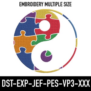 May include: Embroidery design of a yin yang symbol made up of puzzle pieces in red, orange, yellow, green, blue, and purple. The design is available in multiple sizes and formats: DST, EXP, JEF, PES, VP3, and XXX.