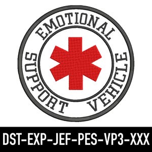 Könnte beinhalten: Ein schwarzer und weißer runder Patch mit dem Text "Emotional Support Vehicle" um ein rotes medizinisches Symbol.