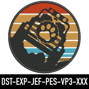May include: A black and white silhouette of a jeep with a paw print on the tyre, set against a retro-style sunset with orange, brown, and blue stripes.