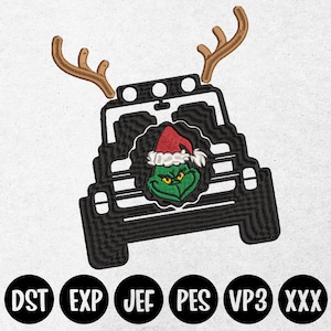Op de afbeelding: Een zwarte Jeep met een Grinch-gezicht in de voorruit, met een kerstmanmuts en rendiergewei.