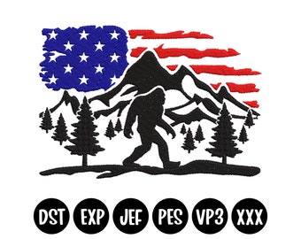 Bigfoot Sasquatch Embroidery Design: American Flag Adventure (Machine Embroidery)