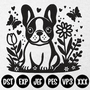 French Bulldog in Flowers Embroidery Design, Spring Dog Pes,Love Dog Embroidery, Unique Design Embroidery,Machine File EMB0028