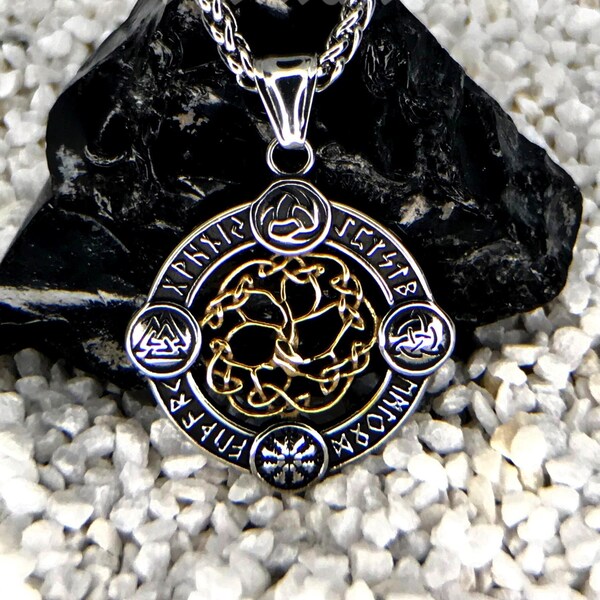 Collier Viking Celtique Yggdrasil l'Arbre Monde - Arbre de Vie - Amulette Talisman de protection Vegvisir Valknut et Nœud Celtique Triquetra