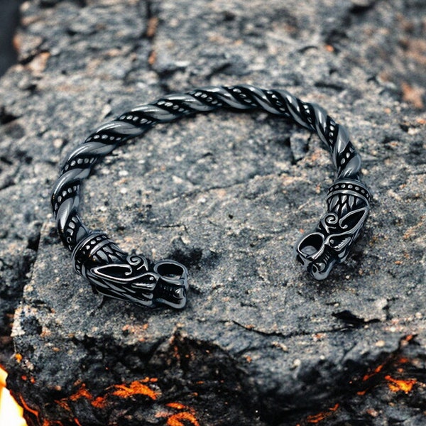 Adjustable Stainless Steel Ragnar Lothbrok Viking Bracelet - Fenrir Wolf Norse Oath Arm Ring - Asatru Antique Viking Jewelry