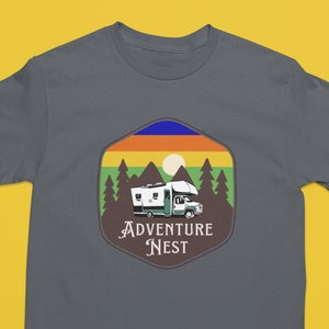 Adventure Nest Camping Shirt: Sunset Camper Van Graphic