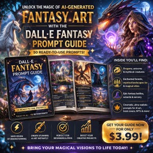 May include: A promotional image for the "DALL-E Fantasy Prompt Guide." The cover features a dragon and a woman with a staff. The guide promises 50 ready-to-use prompts for AI-generated fantasy art, including dragons, unicorns, and epic battles.