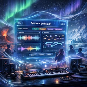 May include: Digital artwork depicting a music production interface, labelled "Suno.ai guide.pdf". The interface shows audio tracks, a MIDI editor, and genre options like Indie, Ambient, and Electronic. A keyboard, speakers, and laptop are in the foreground.
