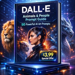 May include: A book cover with the title "DALL-E" and the subtitle "Animals & People Prompt Guide". The cover features a woman, a lion, and a dragon. The book is on a glowing blue platform with the text "50 Powerful AI Art Prompts".