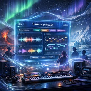 May include: Digital artwork depicting a music production interface, labelled "Suno.ai guide.pdf". The interface shows audio tracks, a MIDI editor, and genre options such as Indie, Ambient, and Electronic. A keyboard, speakers, and a laptop are in the foreground.