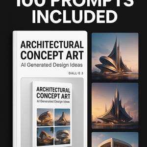 Może przedstawiać: Okładka książki z tytułem "ARCHITECTURAL CONCEPT ART" i podtytułem "AI Generated Design Ideas" jest wyświetlana. Okładka zawiera obrazy futurystycznych projektów architektonicznych. Tekst "100 PROMPTS INCLUDED" znajduje się na górze.