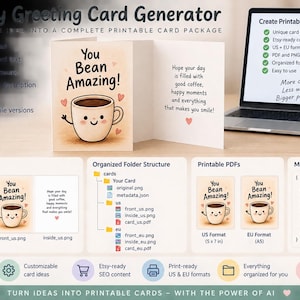 May include: A digital product display for an AI greeting card generator featuring a laptop screen with text, a folded greeting card with a coffee cup illustration and the text You Bean Amazing, and diagrams showing folder structures, PDF files, and metadata.