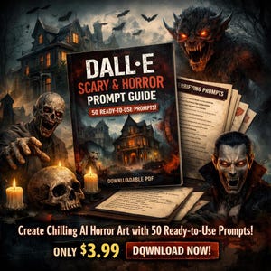May include: A book titled "DALL-E Scary & Horror Prompt Guide" with a haunted house illustration. The image features a skull, candles, and terrifying monster illustrations. Text includes "50 Ready-to-Use Prompts!" and "Create Chilling AI Horror Art".