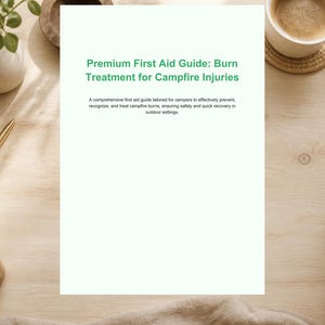 Op de afbeelding: Een wit document met de titel Premium First Aid Guide: Burn Treatment for Campfire Injuries, met een ondertitel die een uitgebreide EHBO-gids beschrijft voor kampeerders om brandwonden effectief te voorkomen, herkennen en behandelen.