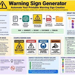 May include: An informational infographic titled Warning Sign Generator, detailing a workflow for creating printable warning signs using Python and OpenAI. It features diagrams, lists of built-in sign ideas, example signs, and a breakdown of the process.