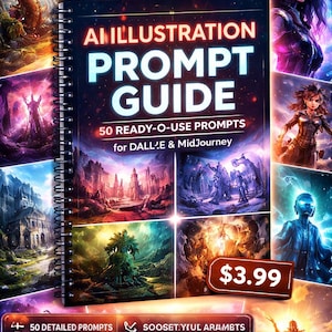 May include: A spiral-bound guide titled "AI ILLUSTRATION PROMPT GUIDE" with the text "50 READY-O-USE PROMPTS for DALL-E & MidJourney." The cover features fantasy art and the price tag of £3.99. Additional text includes "50 DETAILED PROMPTS", "BOOST YOUR AI ART", and "INSTANT DOWNLOAD".