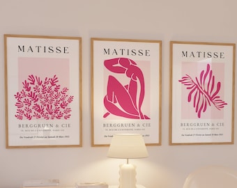 Set of 3 Henri Matisse, Printable Wall Art, Modern Gallery Wall, Pink Matisse Art, Aesthetic Poster, Trendy Hot Pink Decor, Digital Download