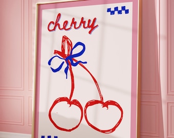 Decoración de habitación coqueta, impresión de arte de pared de cereza rosa, arte de pared de moda, decoración estética de apartamento, arte de pared femenino, póster de cereza, arte de pared preppy