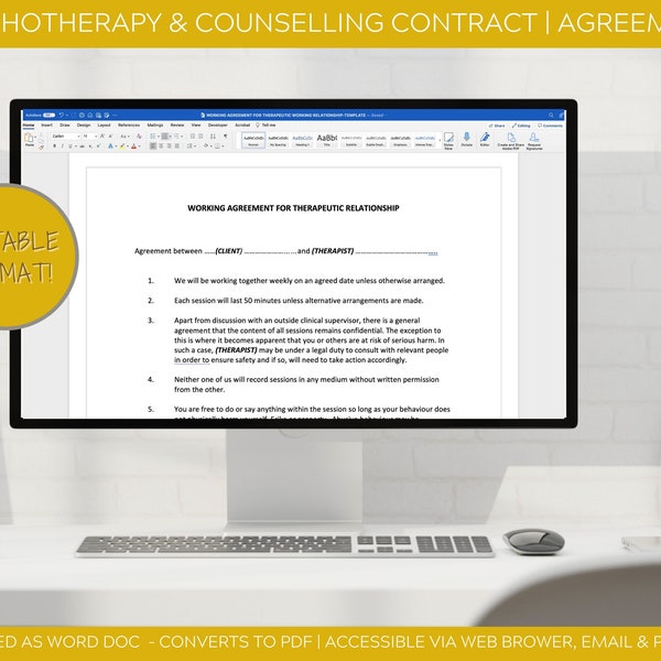 PSYCHOTHERAPY COUNSELLING Contract Agreement Template for Private Practice - Easy to Edit Word Doc | Convert to PDF or Print for Signing