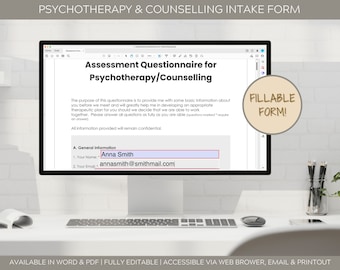 Psychotherapy | Counselling | Psychology Intake & Assessment Form - Editable, Fillable, Printable Word, PDF Templates, 2 Colours - 4 Files