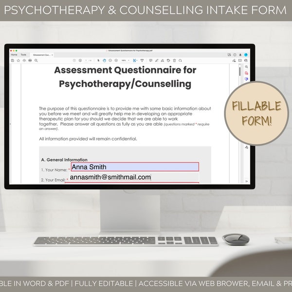 Psychotherapy | Counselling | Psychology Intake & Assessment Form - Editable, Fillable, Printable Word, PDF Templates, 2 Colours - 4 Files