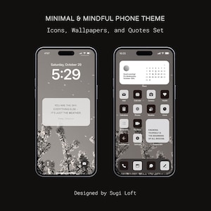 May include: A black and white phone screen mockup with a minimalist theme. The screen displays a calendar, clock, and various app icons. The background is a blurry image of a tree branch. The text "You are the sky. Everything else - it's just the weather." is displayed on the screen. The text "Knowing yourself is the beginning of all wisdom" is also displayed on the screen.