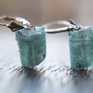 Natural Green Tourmaline Crystal 14K Yellow Gold Dangle Earrings Handmade Unique