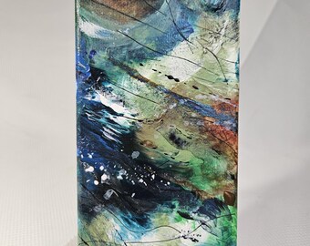 Abstract Landscape Painting: Acrylic & Ink on Canvas, green and blue