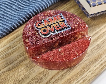 Circle Phone Stand; Red glitter tablet holder block, game over logo