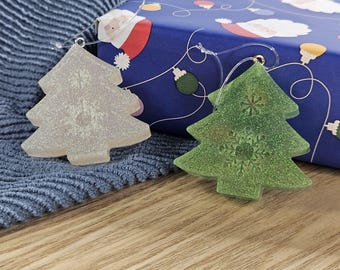Christmas Tree Decorations; glitter resin trees with snowflake detail, various colours available
