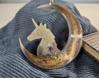 Hanging window decoration; holographic unicorn and crescent moon, pearl and gold