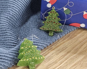 Christmas Tree Decorations; glitter resin trees, green with red and gold detail, hand painted