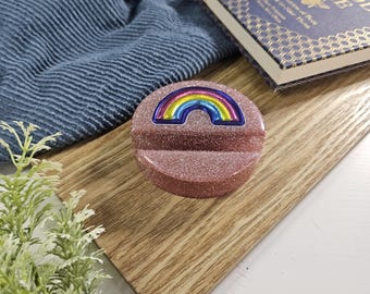 Circle Phone Stand; pink glitter resin block with rainbow detail, gifts for girls