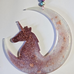 Rose gold unicorn on the moon | Glittery moon light catchers | Unique hanging window decoration
