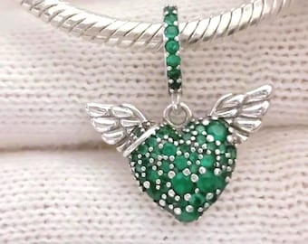 Green Sparkling Pave Heart and Angel Wings Charm Silver Charm For Pandora Bracelet Necklace