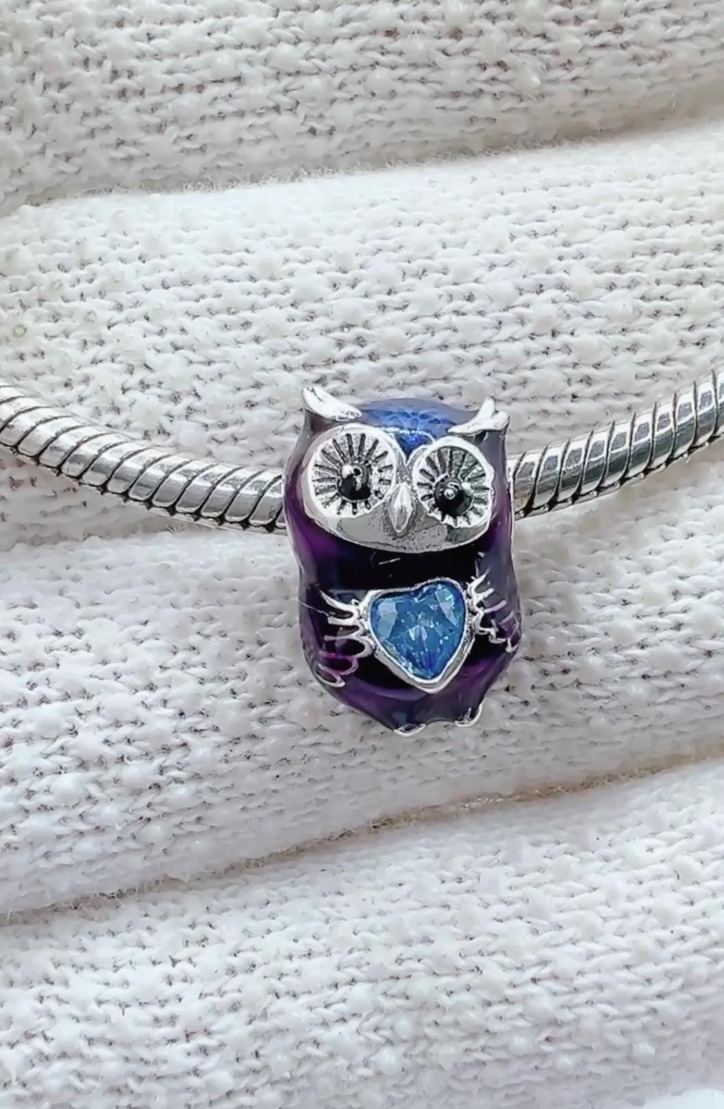 Owl with Blue Cubic Zirconia Heart Charm, Sterling Silver Charm For Bracelet
