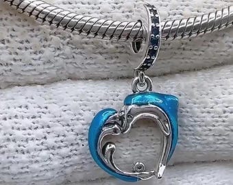 Dolphin Heart Dangle Fits Pandora Charm Bracelet, Blue Ocean